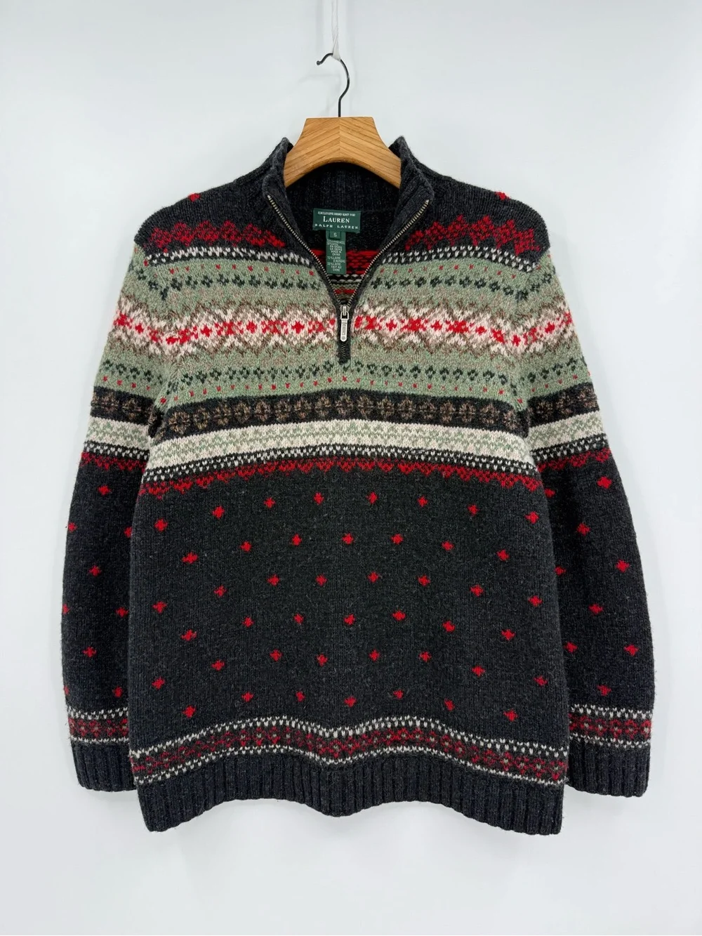 Ralph Lauren Lambswool Nordic Fair Isle Quarter Zip Hand Knit Sweater Size S